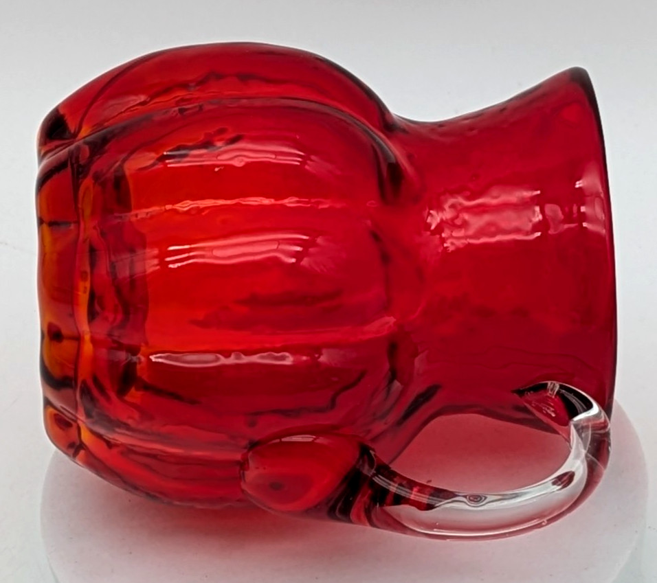 Hand Blown Ruby Red Art Glass Creamer Applied Clear Handle Melon Shape
