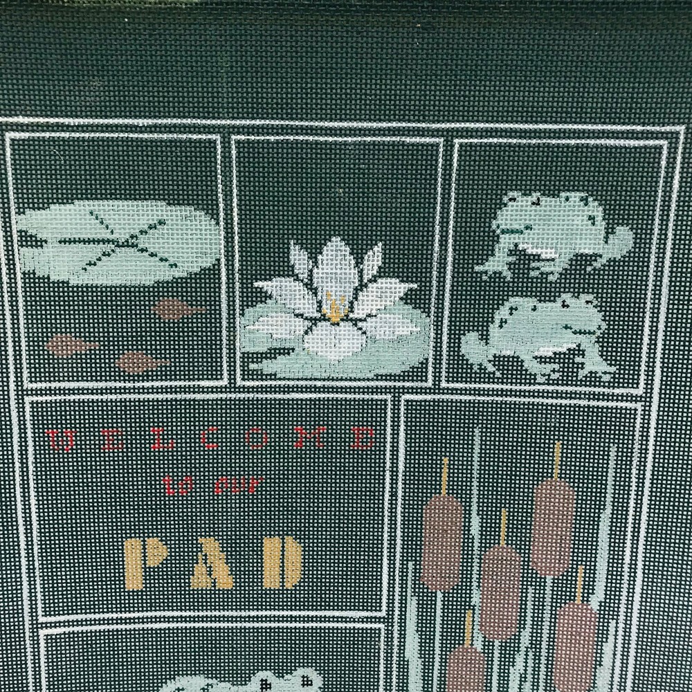Hand Painted Needlepoint Pattern Welcome To Our Pad Signed Kathy Schenkel