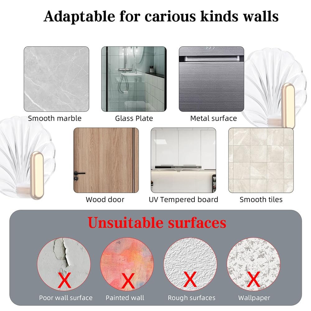 8PCS Shell Clear Adhesive Hooks - No Drill Removable Waterproof for Bathroom,...