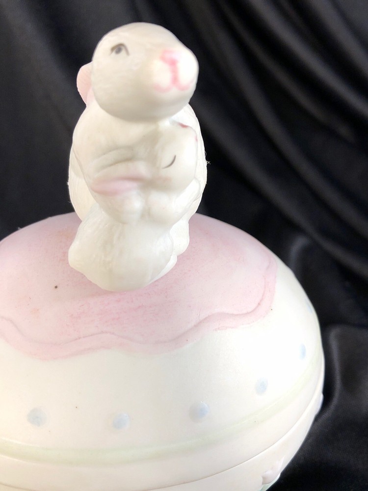 Vintage Hand Painted Easter Egg Bunny rabbit hugging baby Trinket Box