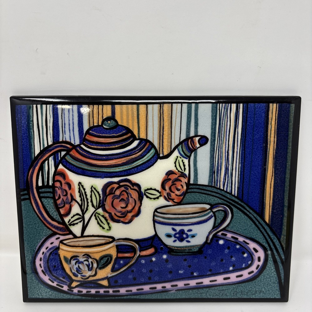 Pat Custer Denison Whimsical Folk Art Ceramic Tile - Teapot & Cups - Signed 8x6