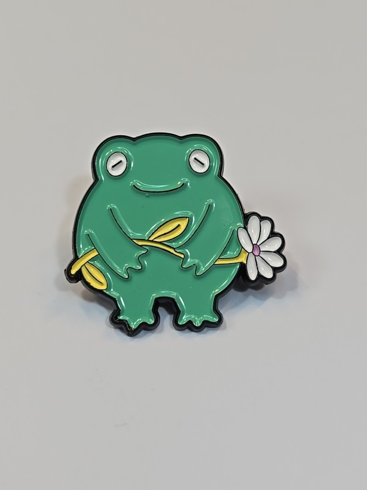 Frog With White Flower Lapel Pin
