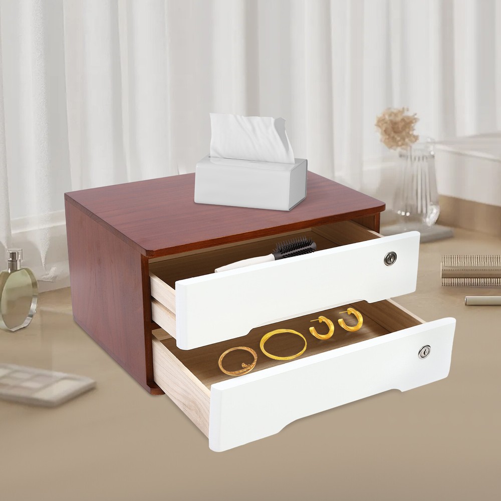 Wooden Desk Organizer with Lockable Drawer - 2-Tier Storage Solution