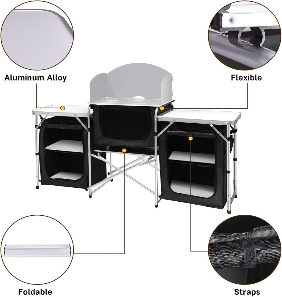 Seeutek Foldable Camp Kitchen Table with Storage Black