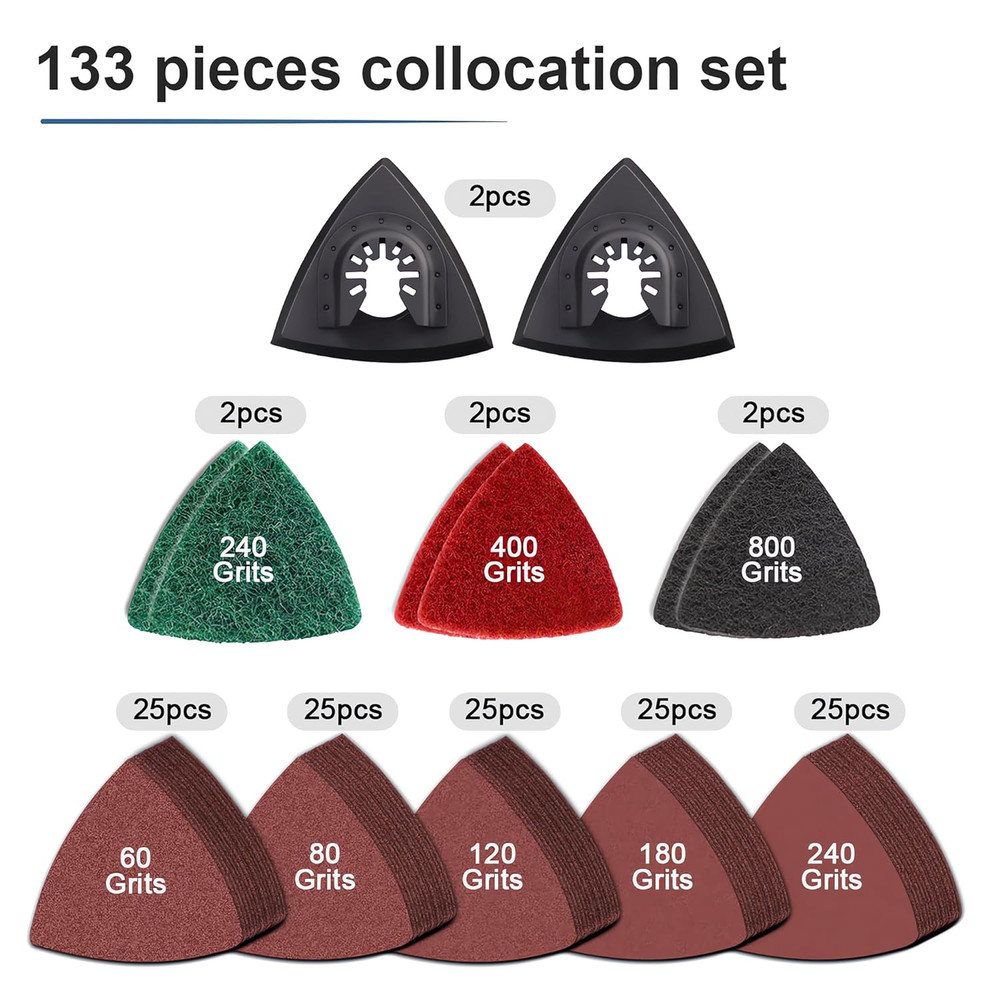 133PCS Oscillating Tool Sanding Pads Kit,125 Sandpaper, 2 Triangular Sanding Pad