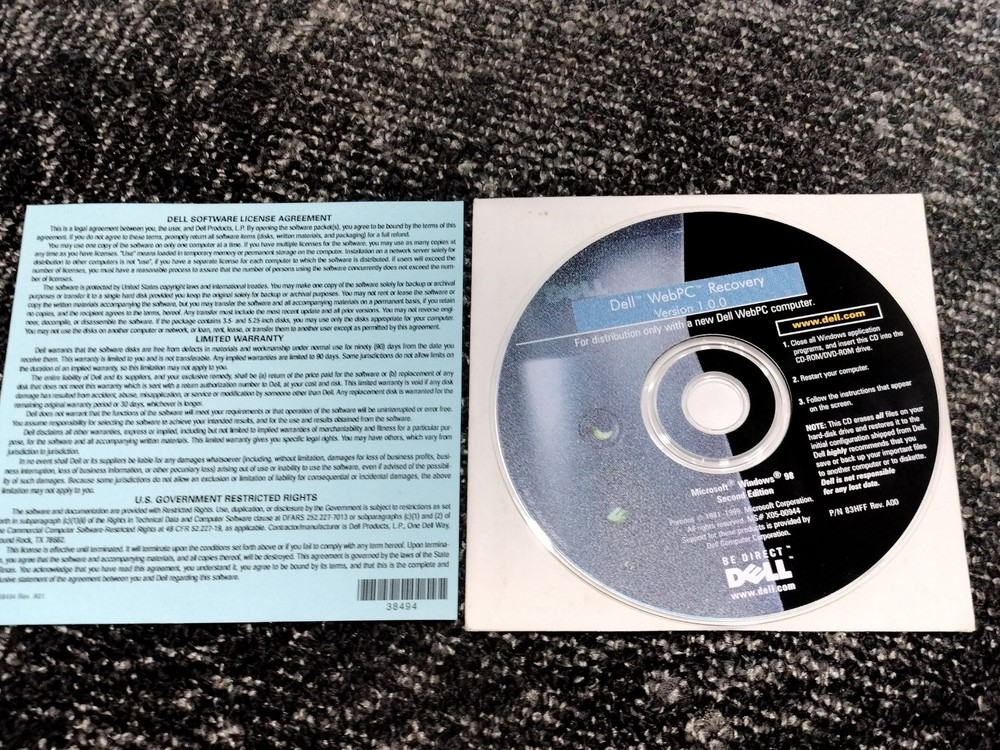 Dell WebPC product Recovery CD Version 1.0.0 Microsoft 98 Second Edition