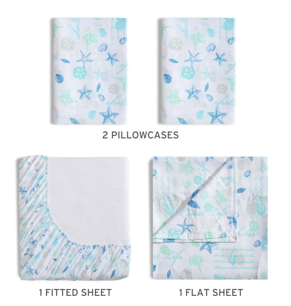Coastal Print Microfiber Sheet Set, Soft, Comfy, 12" Deep Pockets, Queen, Ham...
