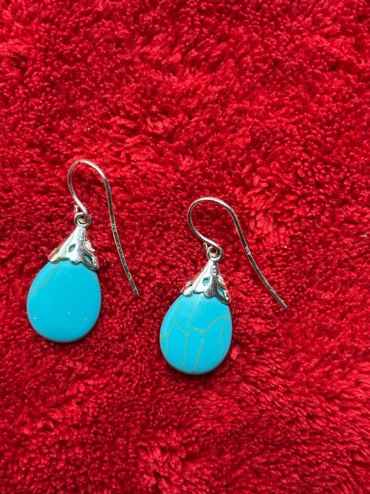 Turquoise & .925 Sterling Silver Dangle Drop Earrings Nice Set
