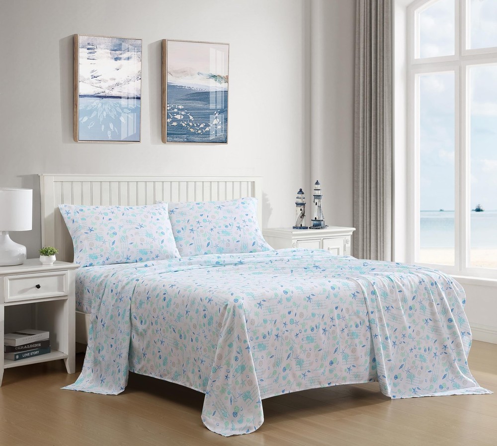 Coastal Print Microfiber Sheet Set, Soft, Comfy, 12" Deep Pockets, Queen, Ham...
