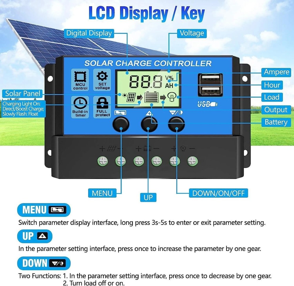 30A Solar Panel Battery Charge Controller 12V/24V LCD Regulator Auto Dual USB US