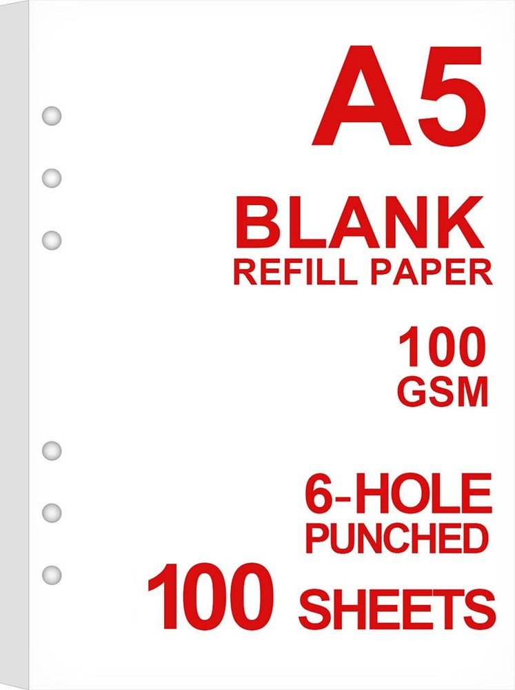 A5 Blank Paper Refill, Refills for Filofax 100 Sheets, White
