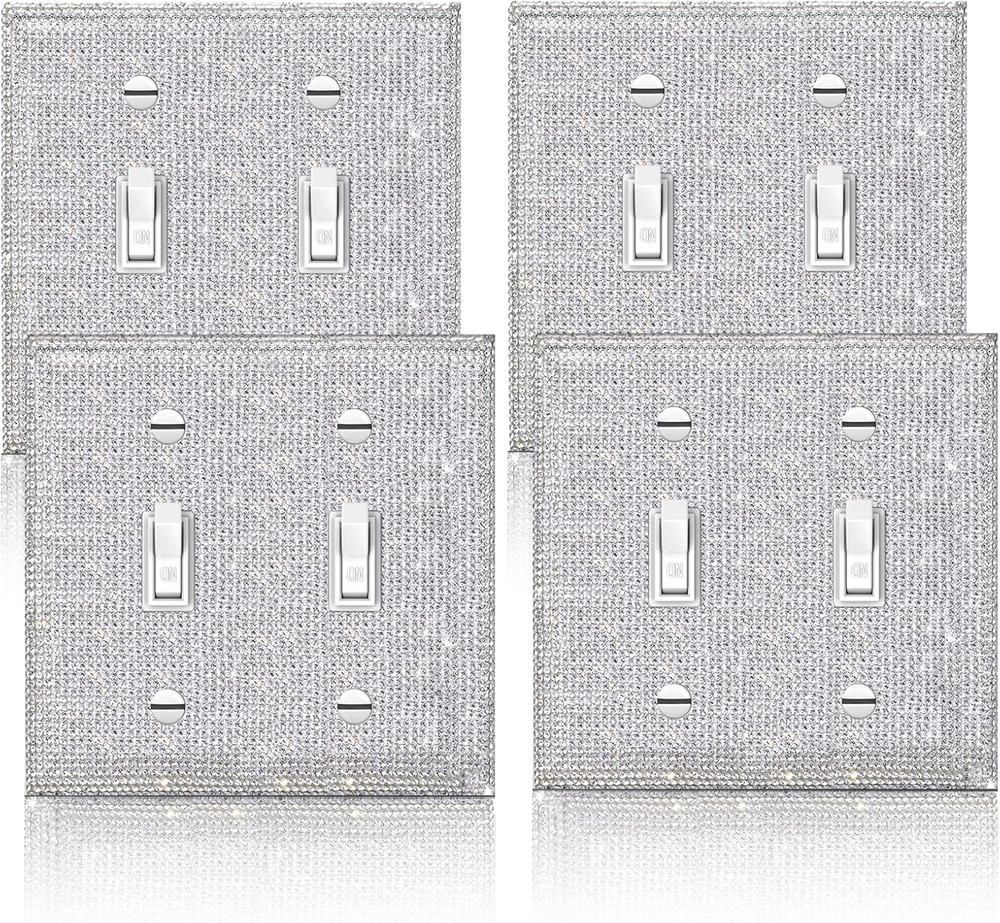 4 Pcs Silver Shiny Silver Rhinestones Wall Plate Toggle Light Switch Cover Decor