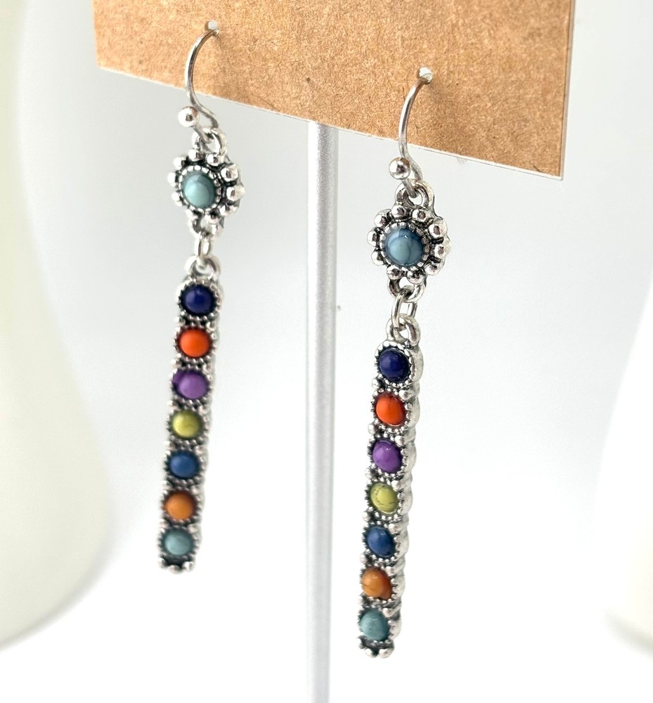 Silver Multi Stone Colorful Bar Dangle Earrings