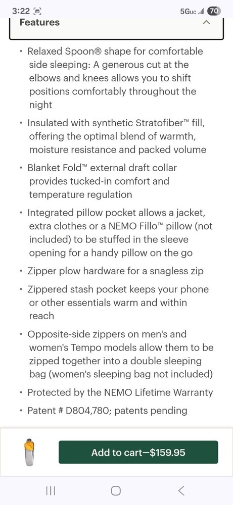 Nemo Tempo Mens Sleeping Bag Long 35f