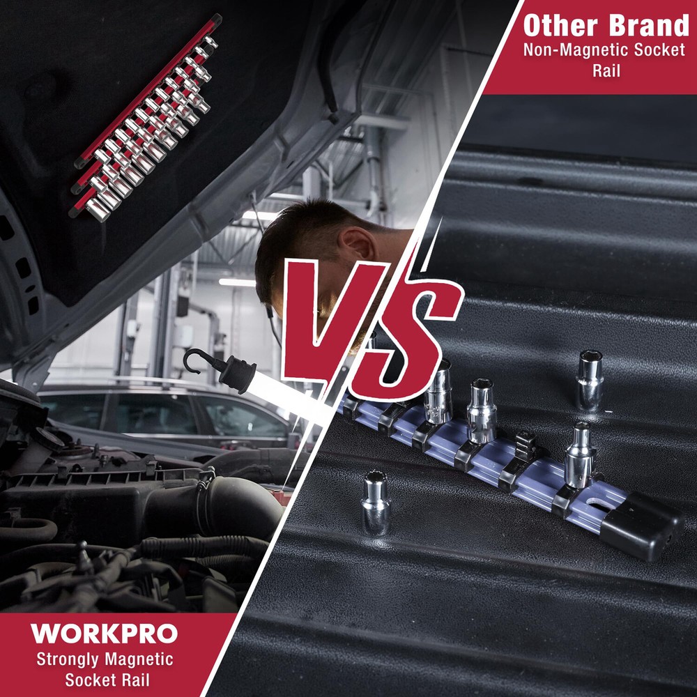 WORKPRO 3/8 Drive Magnetic Socket Organizer Socket Rail Heavy Duty Socket Holder