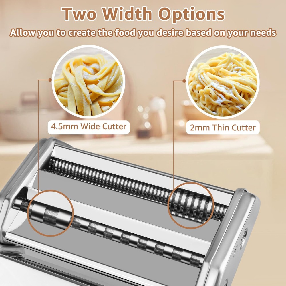 Pasta Maker - 7 Thickness Settings Roller & 2-in-1 Cutter, Silver