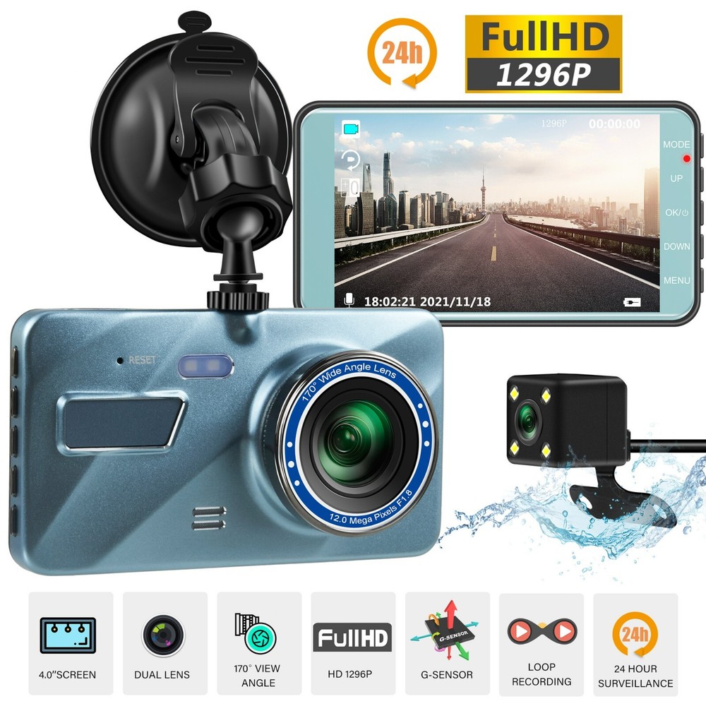 4" Screen + 2 Len Car Dash Cam 1080P Camera Video Record Wide Angle Night Vision