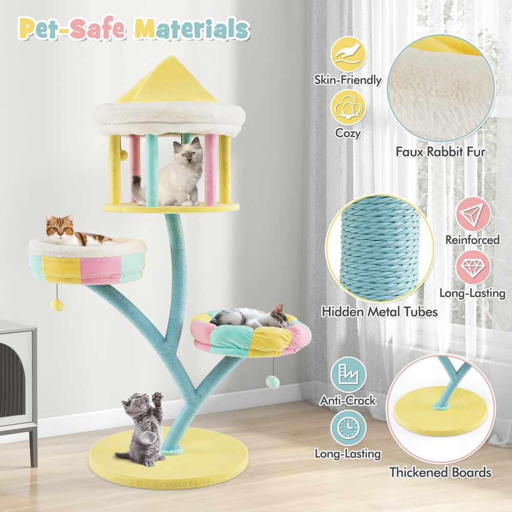 Multi-Layer Cat Tree Cat Tower w/ Open Condo 2 Removable Perches Dangling Balls