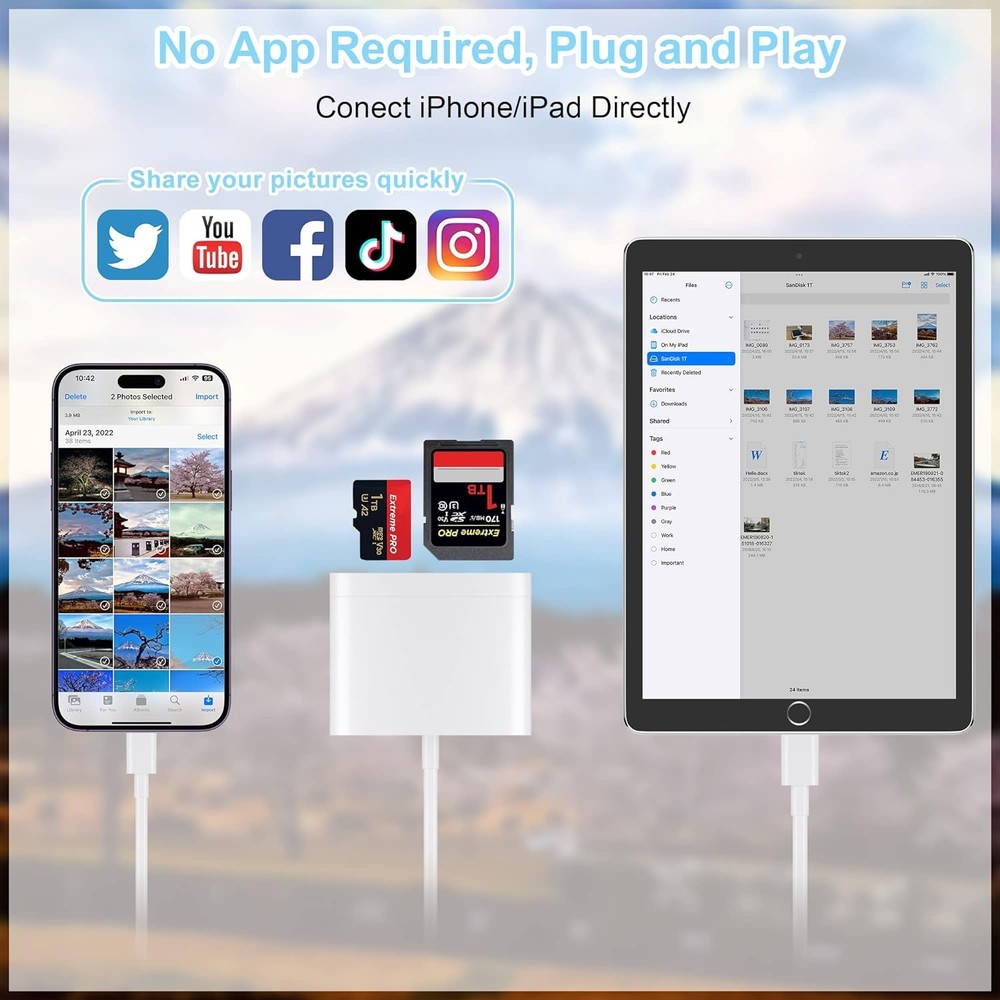 SD Card Reader for iPhone, Memory White (SD+TF+USB Lightning)