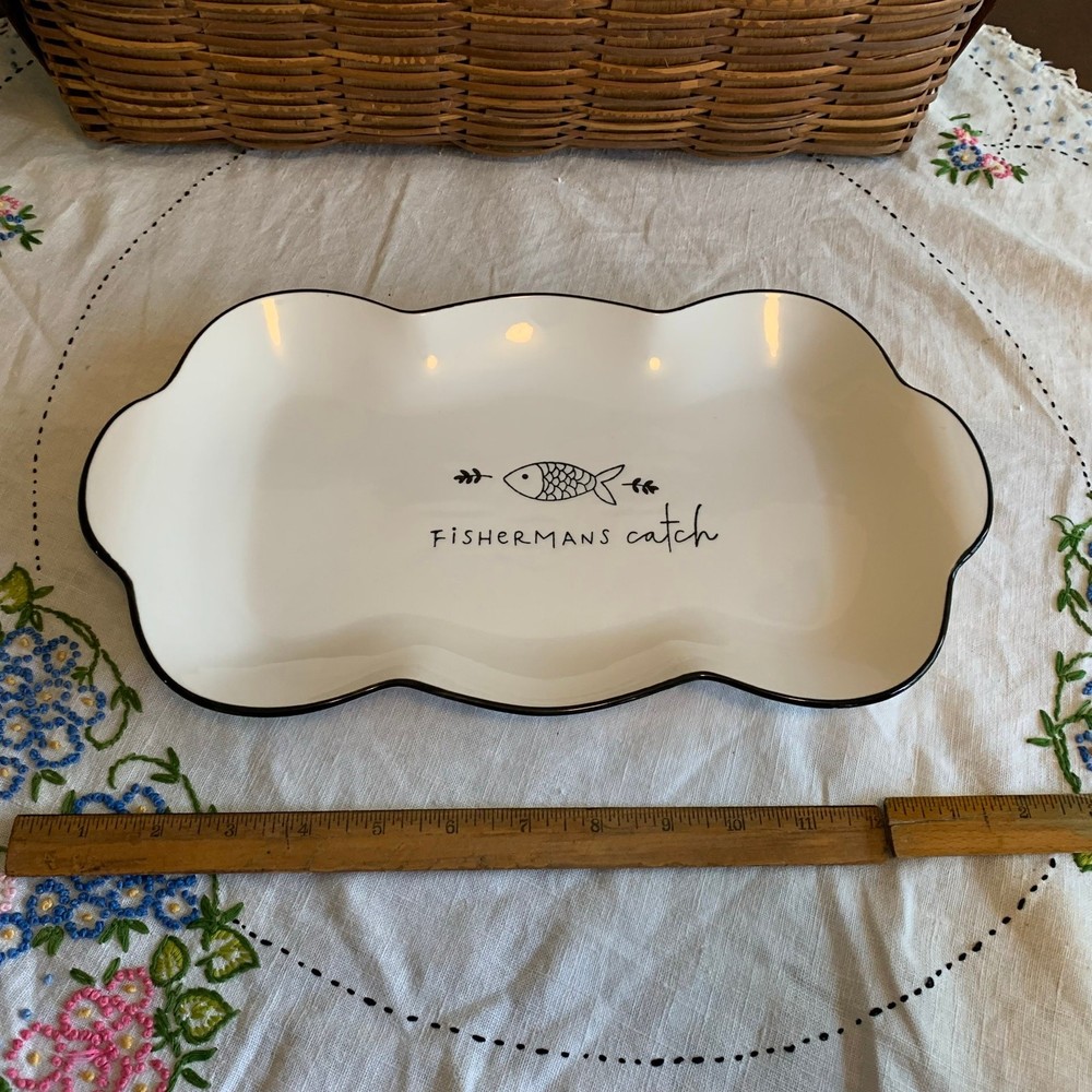 Fisherman's Catch Ceramic Serving Platter & Two Rice Bowls Dining Kitchen Décor