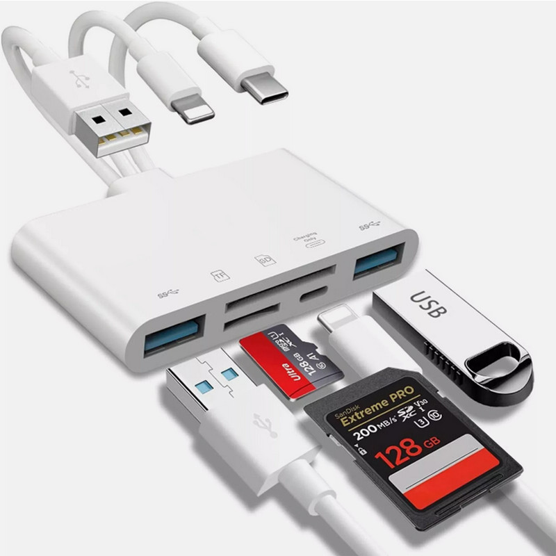 5 in1 Multi-Ports Reader USB3.0 OTG Adapter SD Card Reader For iPhone 17/iPad/PC