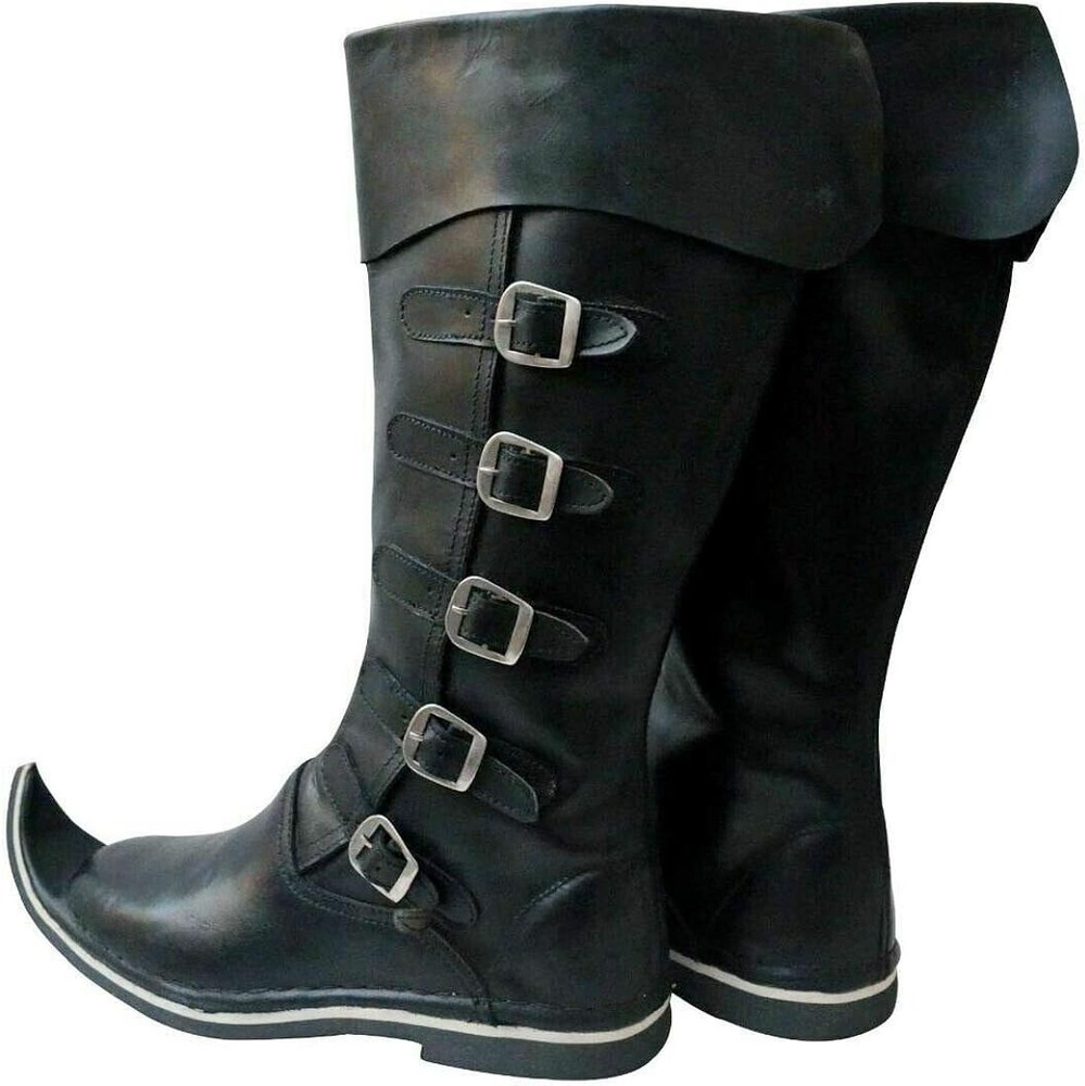 Medieval Leather Long boot pair Five Buckle up Leather boot footwear pair