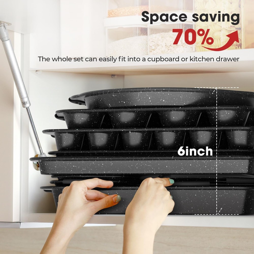 Slow Slog 11-Piece Nonstick Baking Pan Set, Stackable Bakeware Sets, M, Black