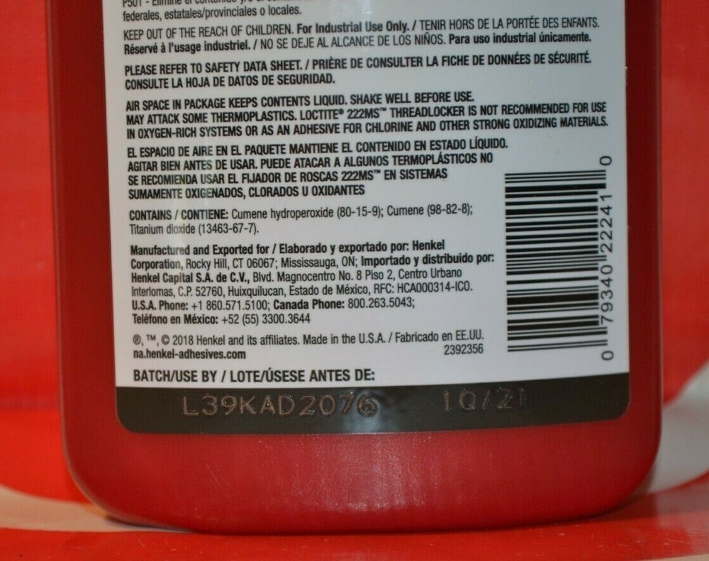 Loctite 222MS 250mL Low Strength Thread Locker 22241