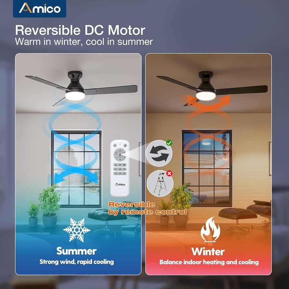 Flush Mount Ceiling Fan, 52 Inch with Reversible Blades and Timer Feature