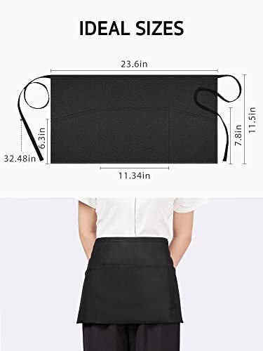 Black Server Waist Aprons Waitress Half Apron Server Apron with 3 Pockets