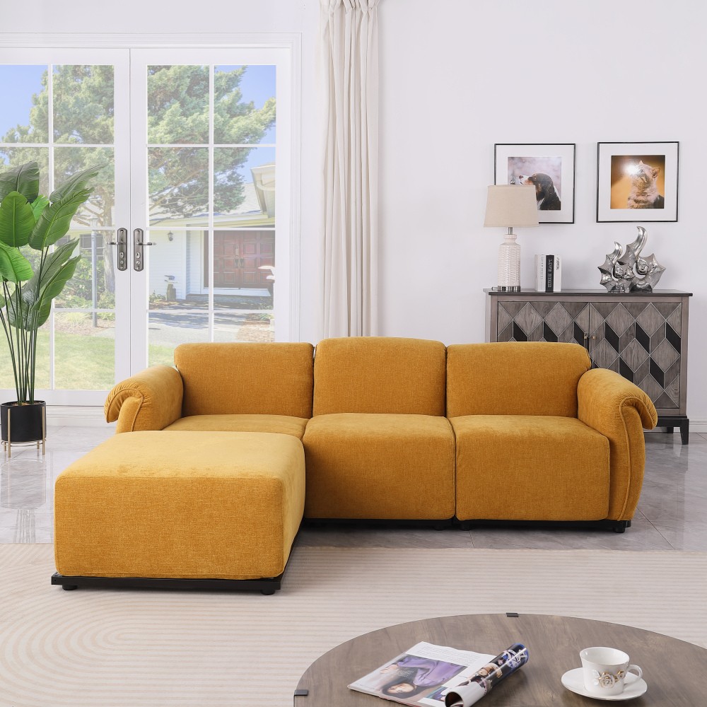 68.5" Green Chenille Sectional Sofa, Iron Frame, Split Back, Square Arms