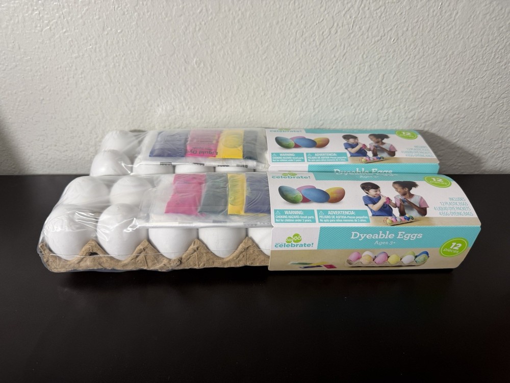 2 Dozen Easter Dyeable Plastic Eggs & Liquid Dye Packets New Sealed Package!!
