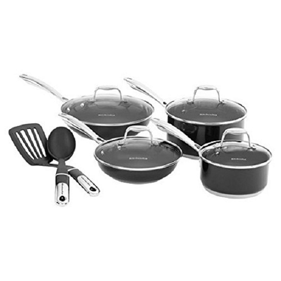 KITCHENAID 10 Piece Stainless Culinary Cookware Set Nonstick Onyx KCSS10GOB New