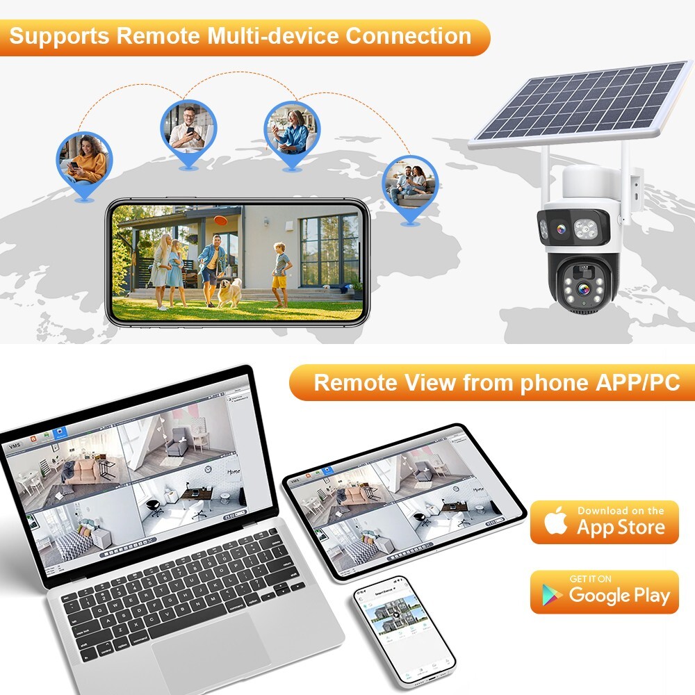 2K WiFi Solar Battery Powered Wireless Security Camera Sys Outdoor PTZ Audio