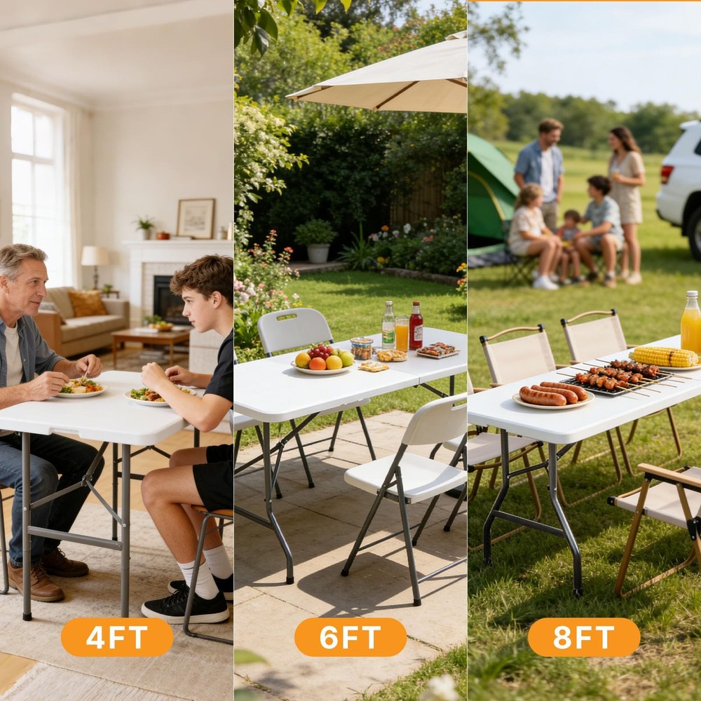 4 FT Folding Table Plastic Portable Fold-in-Half Table Heavy Duty for Camping...