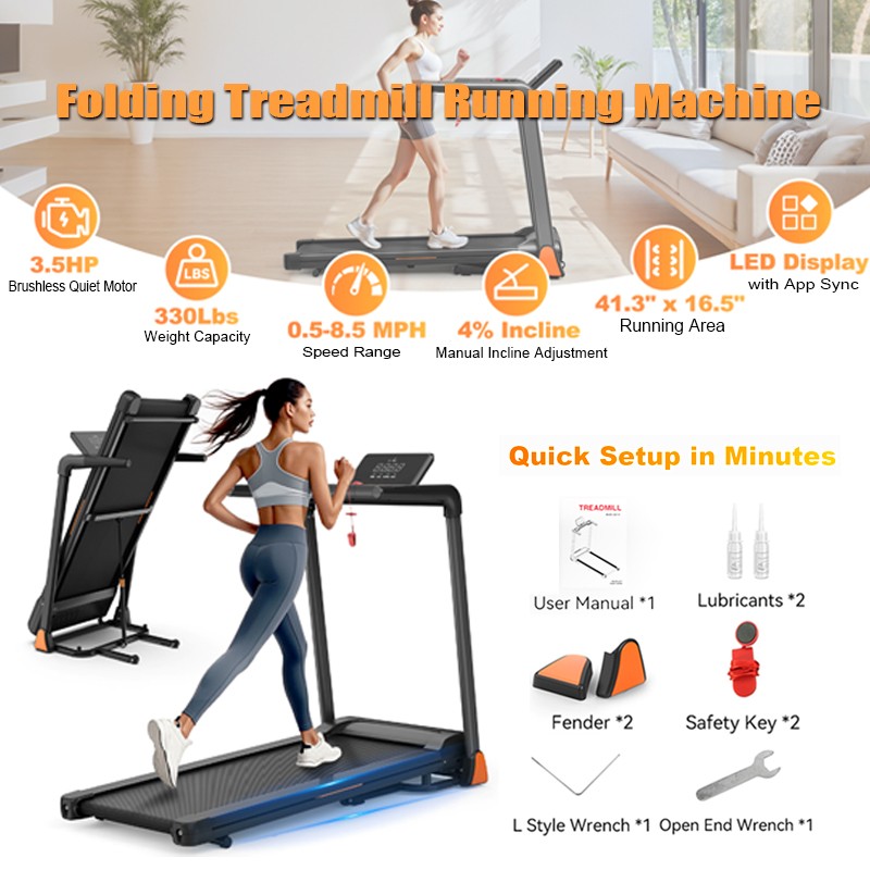 3.5 HP Folding Treadmill 330 lb Space-Saving Foldable Design for Apartments