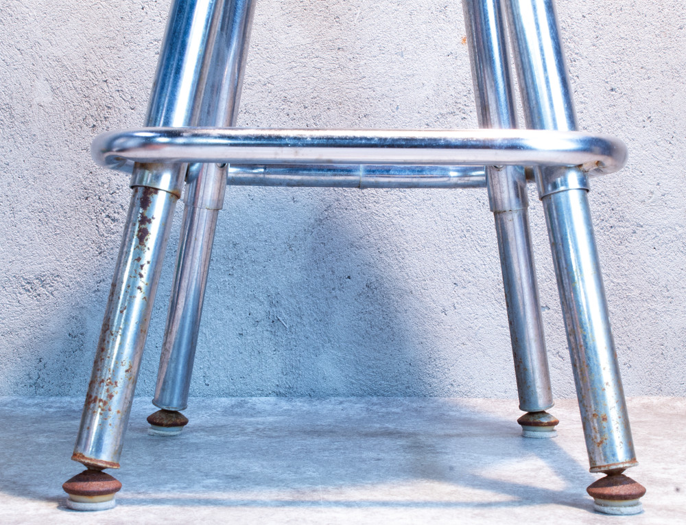 Chrome and Plastic School Lab Work Stool Metal Hard Plastic Blue Seat Adjustable