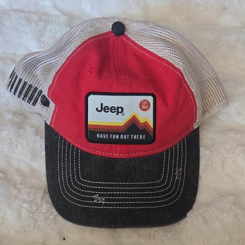 Jeep Have Fun Out There Red Mesh Adjustable Snapback Trucker Hat 1941
