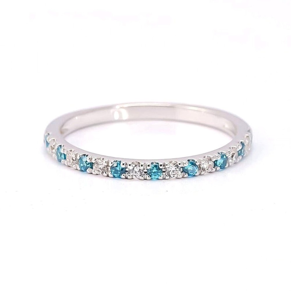 2MM Natural Blue Topaz Half Eternity Band 925 Sterling Silver Stackable Ring