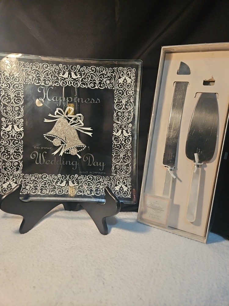 Wedding & Reception Bundle Hallmark Cake Knife And Server And Glass Happiness...