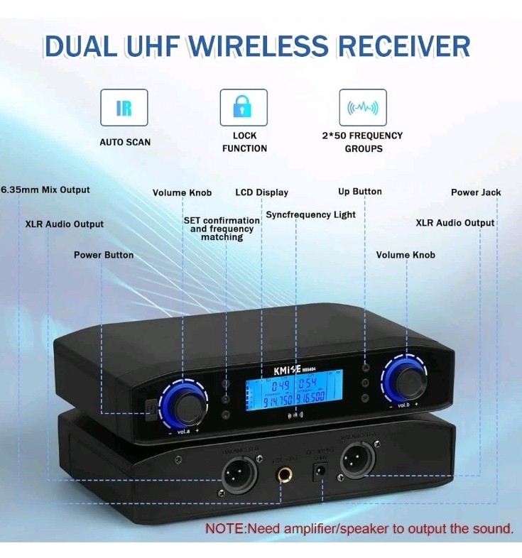KMISE Wireless Microphone System, Dual Wireless Mics,Auto Scan & IR Pair 200ft