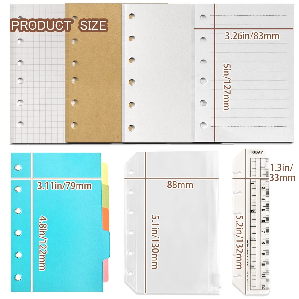 A7 6-Hole Binder Notebook Refills Set -(Gridded Paper Refills + Lined Paper
