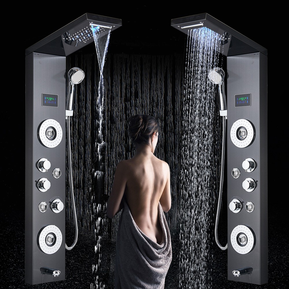 Black Shower Panel Tower System LED Rain&Waterfall Head Combo Massage Jets Mixer