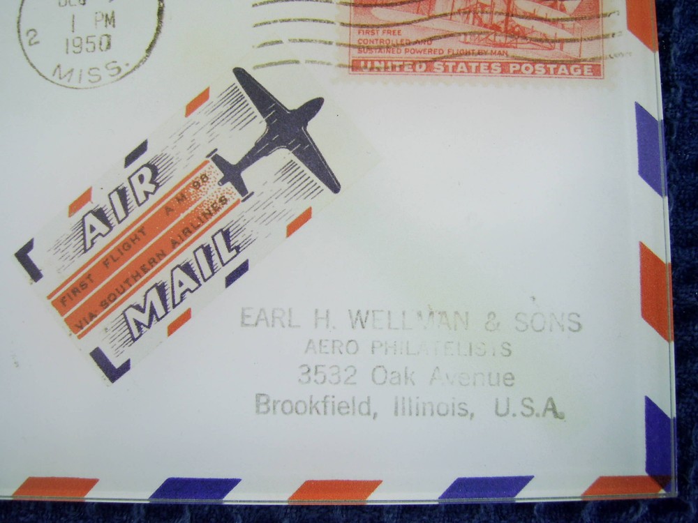 VINTAGE JACKSON, MS 1ST FLIGHT MAIL ENVELOPE - MOUNTED ON HARD BOARD