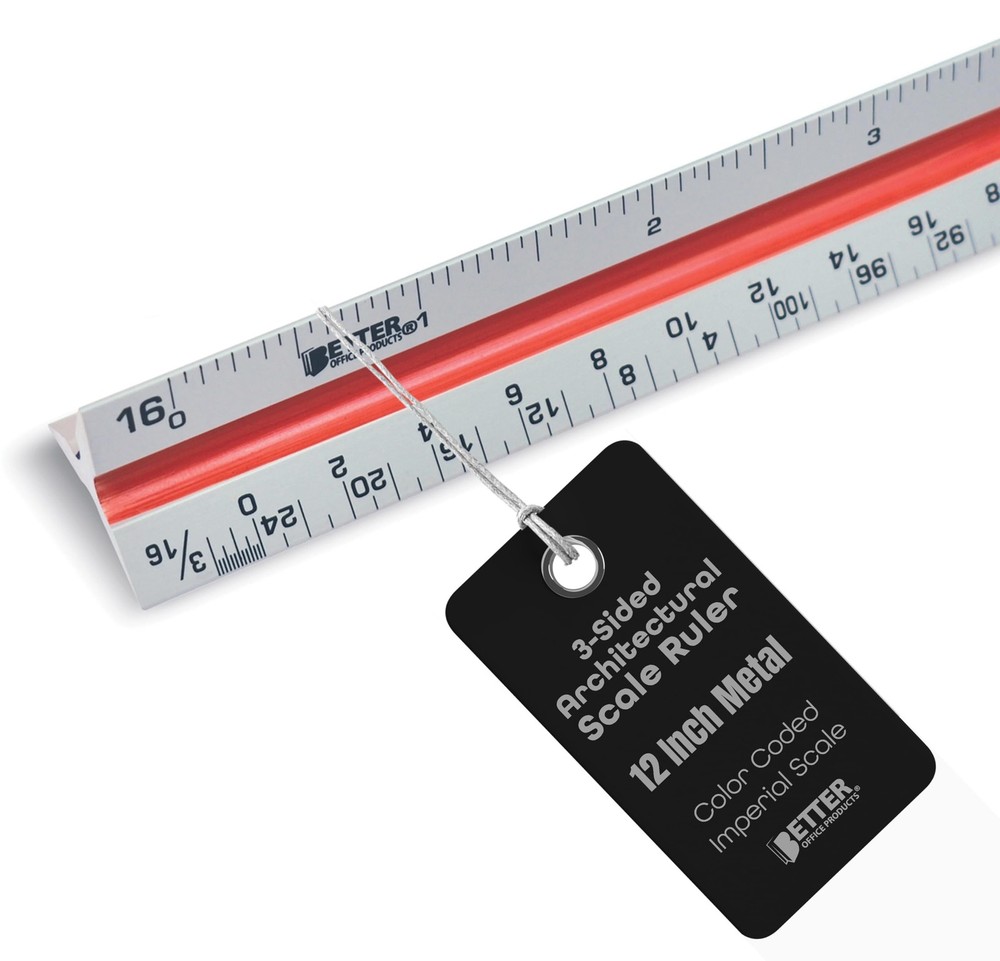 Triangular Ruler, 12 Inch Metal, Triple Sided Color Coded, Imperial Scale, Dr...