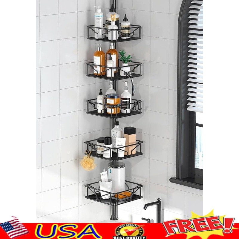 Height Adjustable Corner Tension Pole Shower Caddy 5 Baskets Rust Proof 2 Hooks