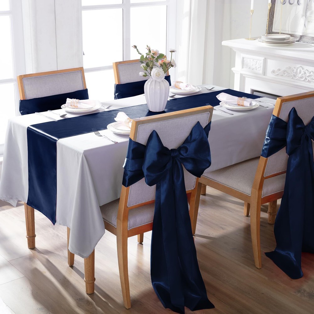 12 Pack Navy Blue Table Runners 12 x 108 Inch Rectangular Smooth Satin Silk T...