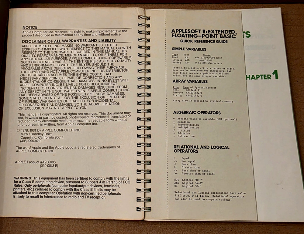 1981 Apple Computers Applesoft II Basic Programming Reference Manual