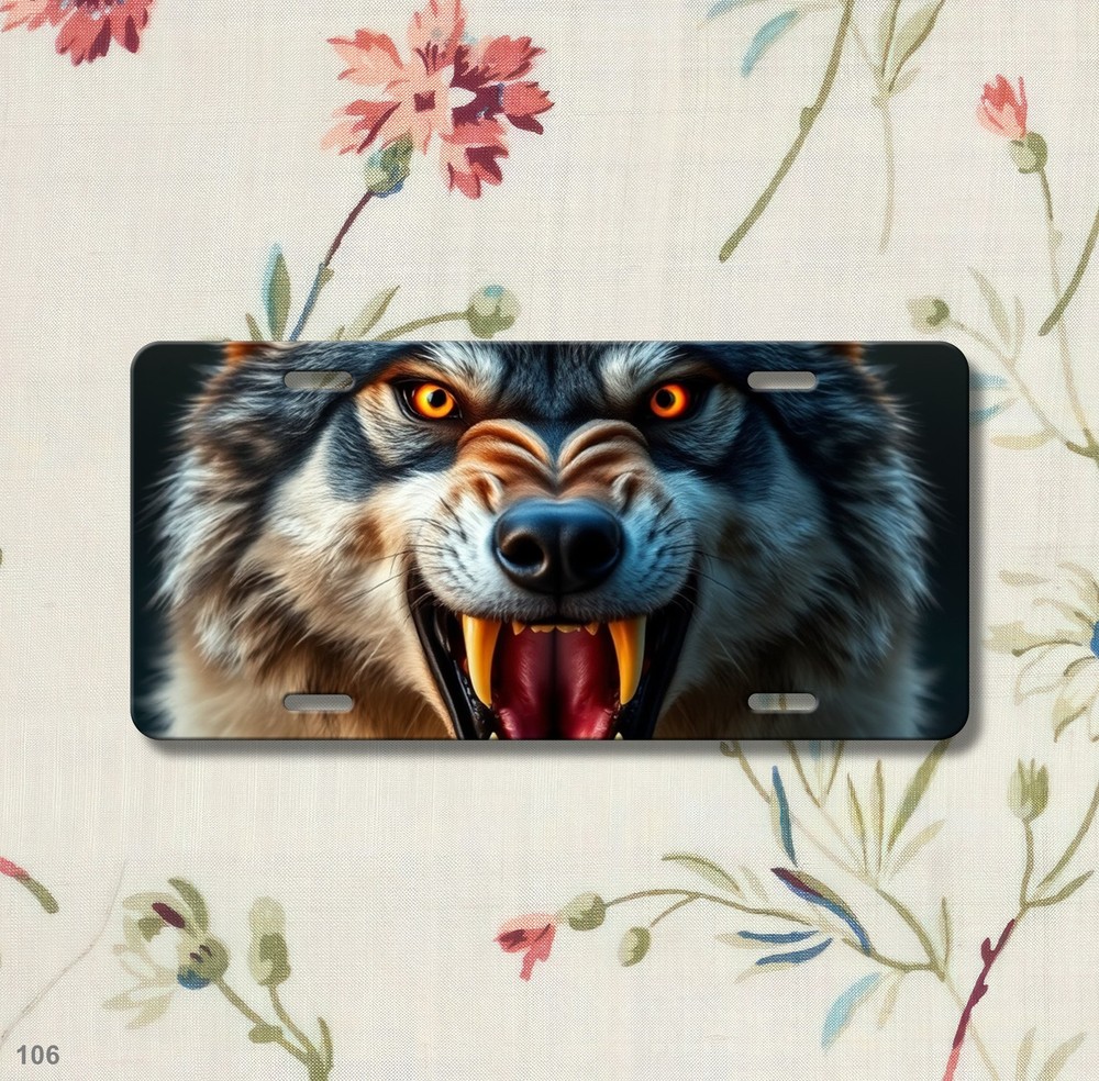 Intense Wolf License Plate with Sharp Teeth Personalized Front Plate Birthday Gi