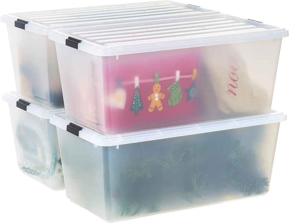 4 Pack 91 Qt Heavy Duty Stackable Plastic Storage Box Bins with Latching Buckles